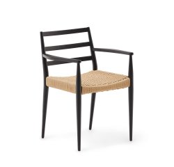 Chaise Analy avec accoudoirs en bois de chêne, finition noire assise en corde