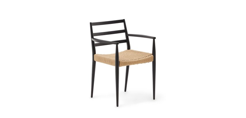 Chaise Analy avec accoudoirs en bois de chêne, finition noire assise en corde