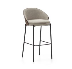 Eamy lichtbruine kruk in essenhoutfineer met wengé afwerking en zwart metaal, 77 cm hoog