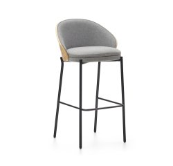 Taburete Eamy gris claro chapado en fresno con acabado natural y metal negro altura 77 cm