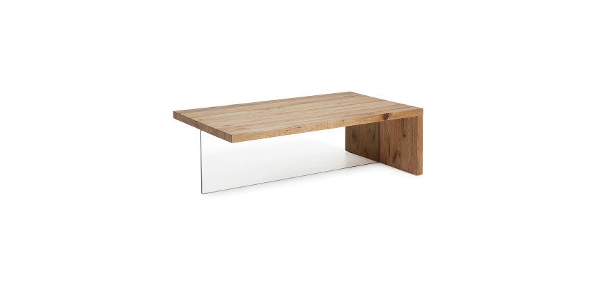 Mesa de centro Tulsi madera maciza de roble y cristal 120 x 70 cm