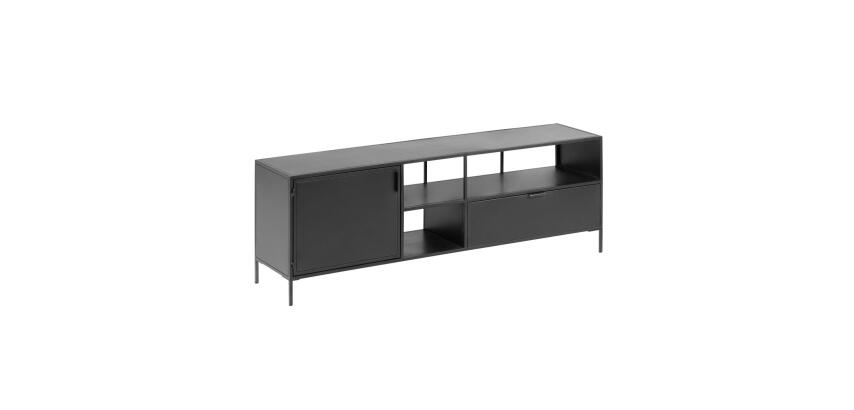 DE_Meuble TV Shantay 1 porte et 1 tiroir en métal avec finition noire 150 x 50 cm