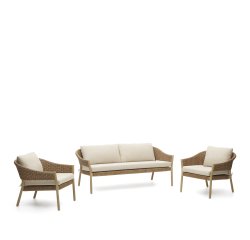 Pola set, 2 seater sofa & 2 armchairs in solid eucalyptus and faux-rattan