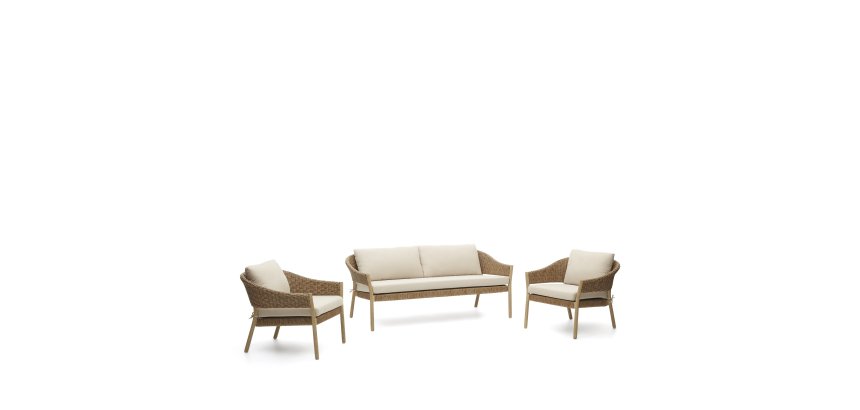 Pola set, 2 seater sofa & 2 armchairs in solid eucalyptus and faux-rattan