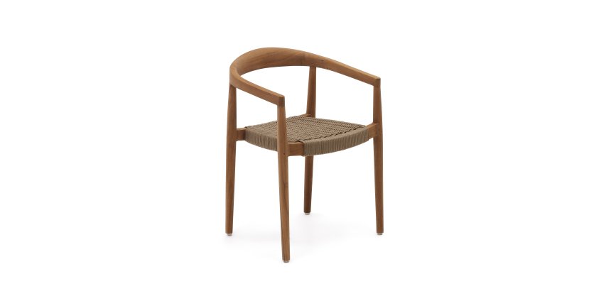 Ydalia stackable outdoor chair in solid teak wood with natural finish and beige rope