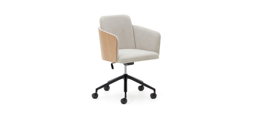 Chaise de bureau Madai en chenille beige et placage en frêne finition naturelle