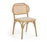 Doriane massief eiken stoel met natuurlijke afwerking en gestoffeerde zitting