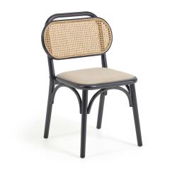 Chaise Doriane en bois d'orme massif finition laqué noir et assise en tissu