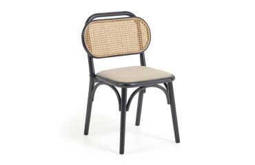 Silla Doriane de madera maciza de olmo acabado lacado negro y asiento de tela