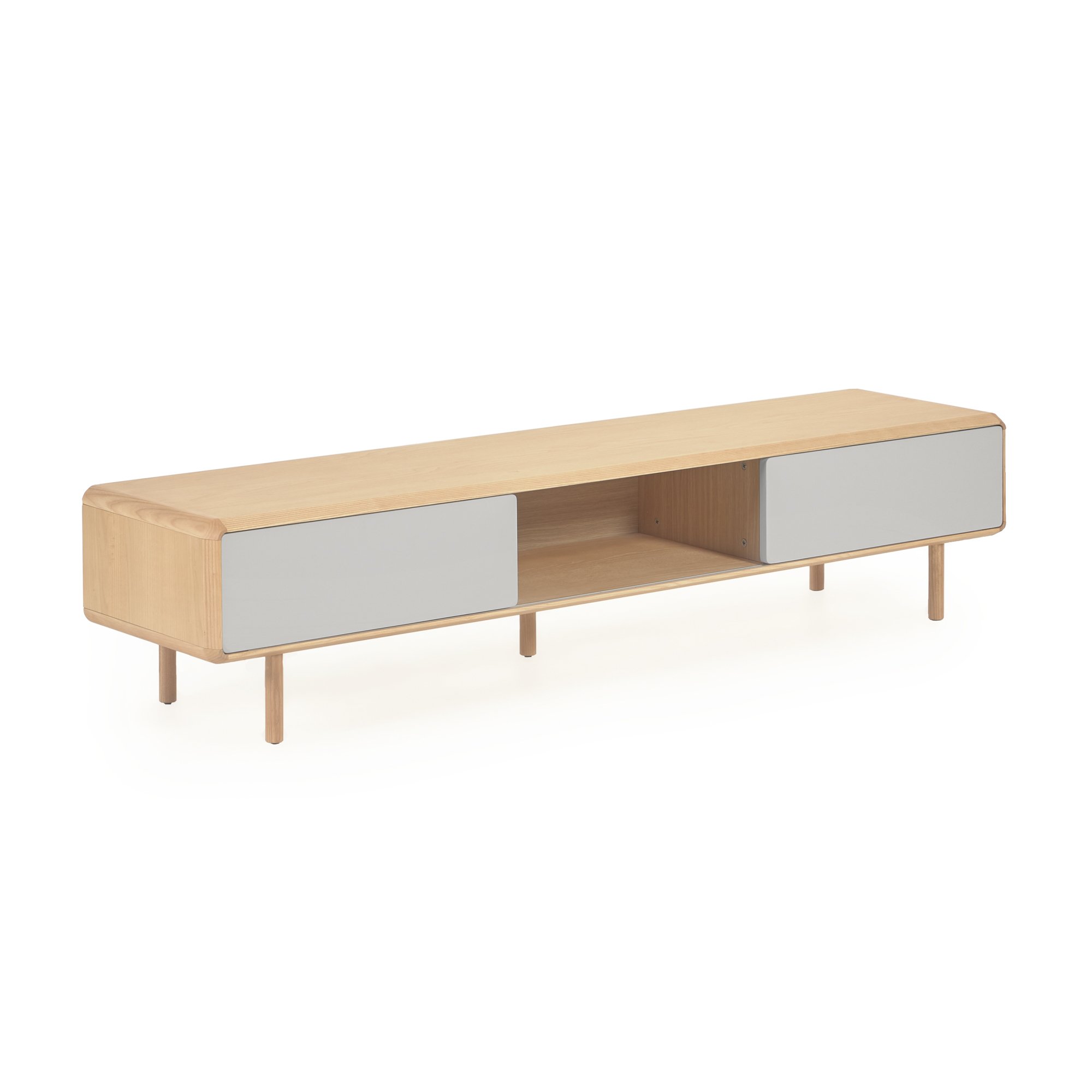 Meuble TV Anielle 2 portes en bois massif et placage de frêne 180 x 41 cm