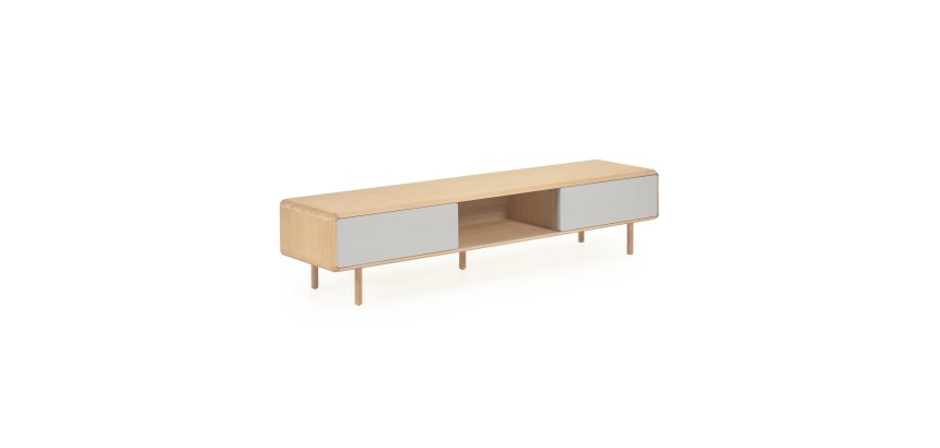 Meuble TV Anielle 2 portes en bois massif et placage de frêne 180 x 41 cm