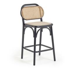 Doriane 65 cm height solid elm stool with black lacquer finish and upholstered seat