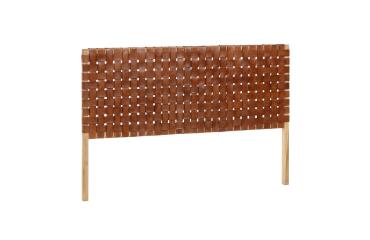 Cabecero Calixta de piel y madera maciza de teca con acabado natural para cama de 150 cm