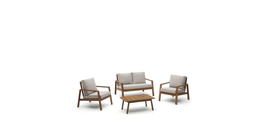 Ensemble d'extérieur Frares de canapé 2 places, 2 fauteuils et table basse en bois d'acacia massif