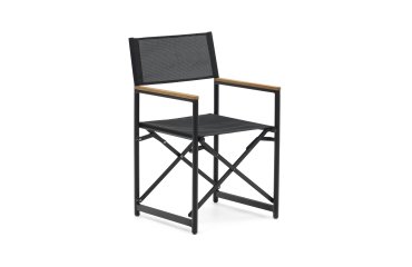 100% outdoor klapstoel Llado zwart aluminium en massief teakhouten armleuningen