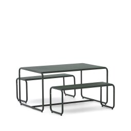 DE_Ensemble enfant Sotil avec 2 bancs et table en acier galvanisé, finition verte 95 x 62 cm