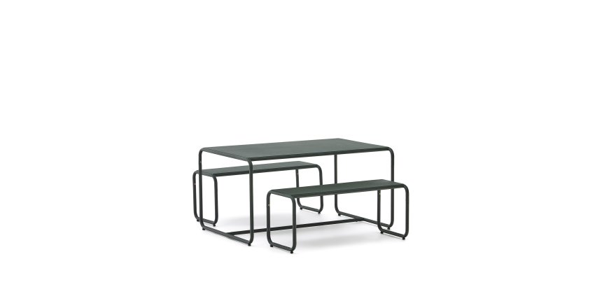 Ensemble enfant Sotil avec 2 bancs et table en acier galvanisé, finition verte 95 x 62 cm
