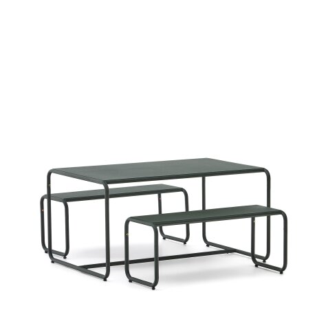 Sotil Children's Set of 2 Benches and Galvanized Steel Table with Green Finish 95 x 62 cm