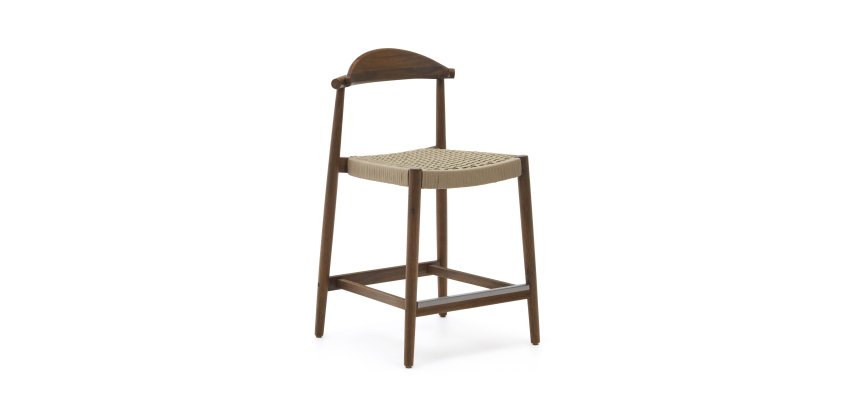 Kruk Nina van massief acaciahout met walnoot afwerking en beige touwzitting 62 cm hoog
