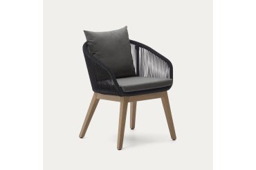 Chaise d'extérieur Portalo en corde noire et pieds en bois d'acacia massif
