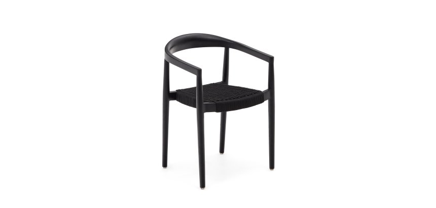 Ydalia stackable outdoor chair in solid teak wood with black finish and black rope