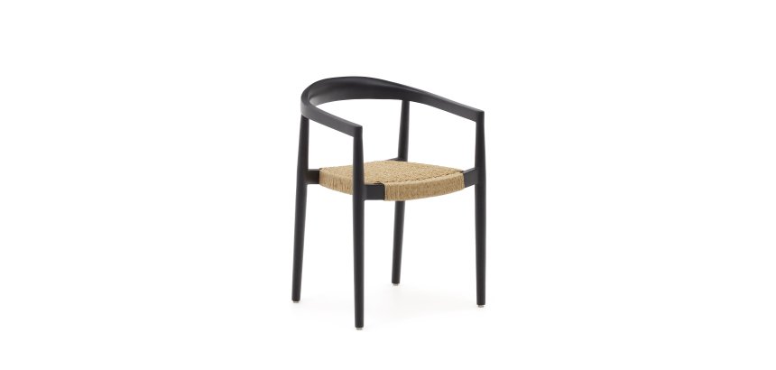 Chaise empilable Ydalia en teck massif, finition noire et corde naturelle