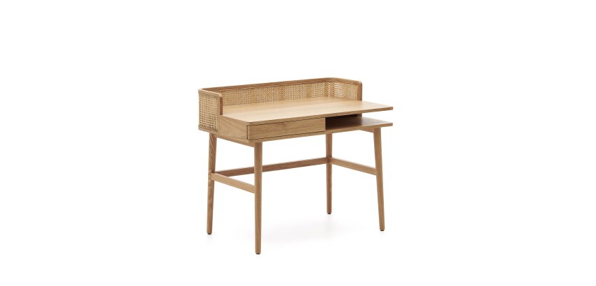 Araxi bureau in fineer, massief essen en rotan 105 x 62 cm