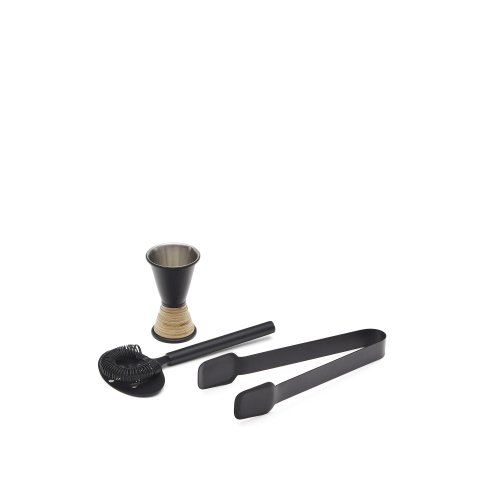 Shai set of black stainless steel and rattan cocktail utensils