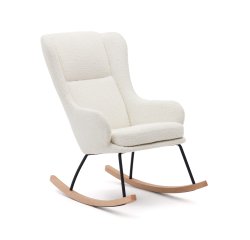 Maustin-schommelstoel met witte schapenvacht en zwart frame van staal en beukenhout