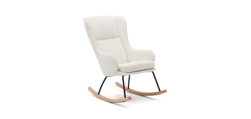 Fauteuil à bascule Maustin en bouclette blanc et structure en acier noir et bois de hêtre