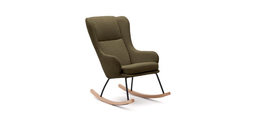 Fauteuil à bascule Maustin bouclette vert foncé et structure en acier noir et bois de hêtre