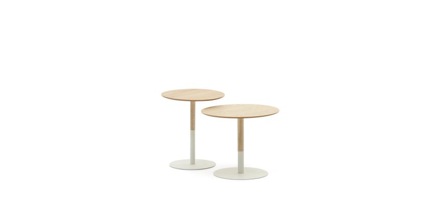 Watse set of 2 side tables in oak wood veneer and matte white metal, Ø 40 cm/Ø 48 cm