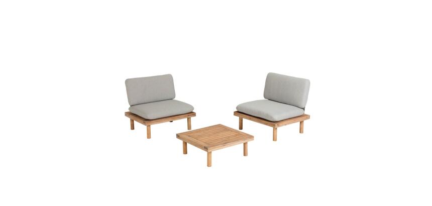 Ensemble d'extérieur Viridis - tissu gris - 2 fauteuils et 1 table - structure bois massif d'acacia