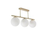 Mahala ceiling light with steel detail and brass finish and three frosted glass spheres
