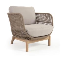 Catalina fauteuil gemaakt met beige touw en massief acaciahout