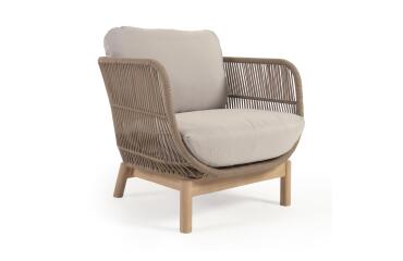 Catalina fauteuil gemaakt met beige touw en massief acaciahout