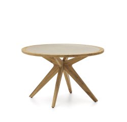 Julieta ronde tafel in beige polybeton en massief acaciahout Ø 120 cm