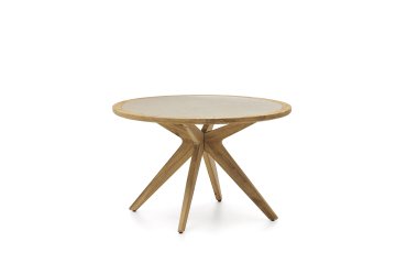 Julieta ronde tafel in beige polybeton en massief acaciahout Ø 120 cm