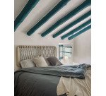 Cabecero Aberash de madera maciza de mindi y cuerda gris para cama de 160 cm