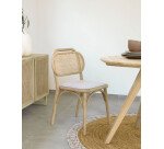 Doriane massief eiken stoel met natuurlijke afwerking en gestoffeerde zitting