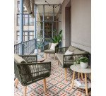 Ensemble d'extérieur Inti - d’un canapé 2 places et 2 fauteuils - tissu - structure en aluminium - pieds en bois d'acacia verte