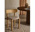 Nebai chair in beige chenille with a solid oak wood structure and natural finish