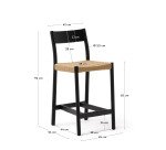 Tabouret Yalia dossier en bois de chêne finition noire et assise en corde 65 cm