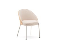 Silla Eamy de chenilla beige, chapada en fresno con acabado natural y metal beige