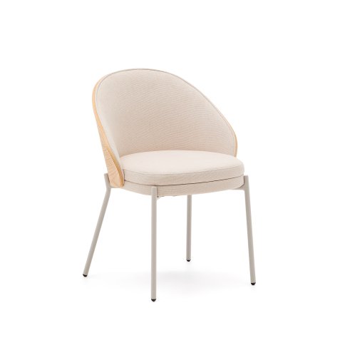 DE_Chaise Eamy en chenille beige, placage de frêne avec finition naturelle et métal beige