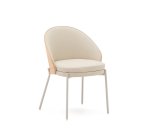 Eamy stoel in beige kunstleer, essenfineer en afwerking in naturel en beige metaal.
