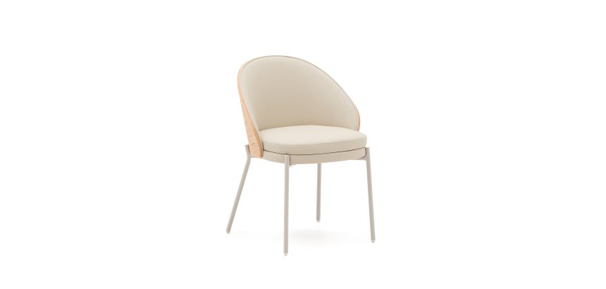 Eamy stoel in beige kunstleer, essenfineer en afwerking in naturel en beige metaal.