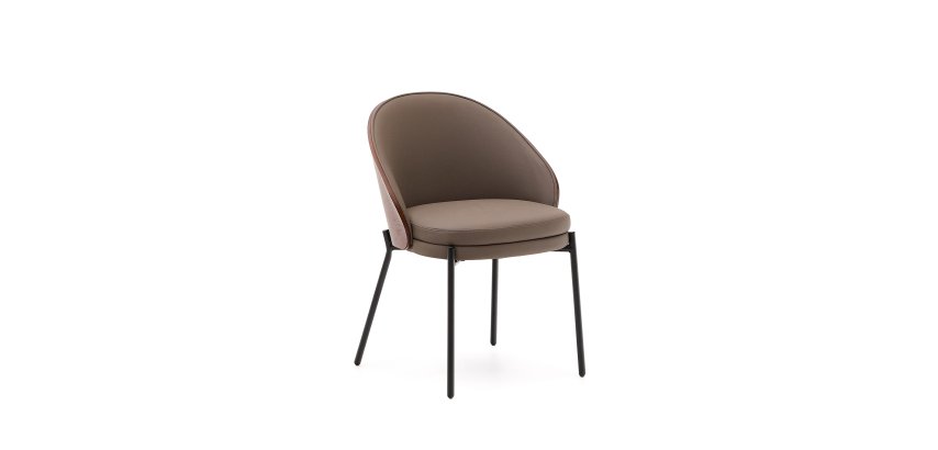 Chaise Eamy en cuir synthétique marron, placage de frêne avec finition noyer et métal noir