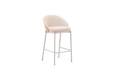 Taburete Eamy chenilla beige, chapado en fresno acabado natural y metal beige altura 65 cm