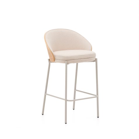 Eamy stool in beige chenille, in a natural finish ash veneer and beige metal and a height of 65 cm